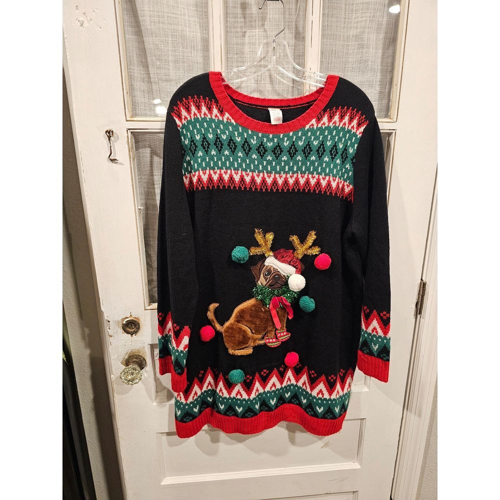 Reindeer Pug‎ Christmas Sweater Dress Women's Size 1X